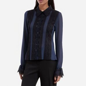 NWT The Kooples Navy Blue Silk Shirt with Lace Sz 0 (XS) Semi-Sheer Button Down
